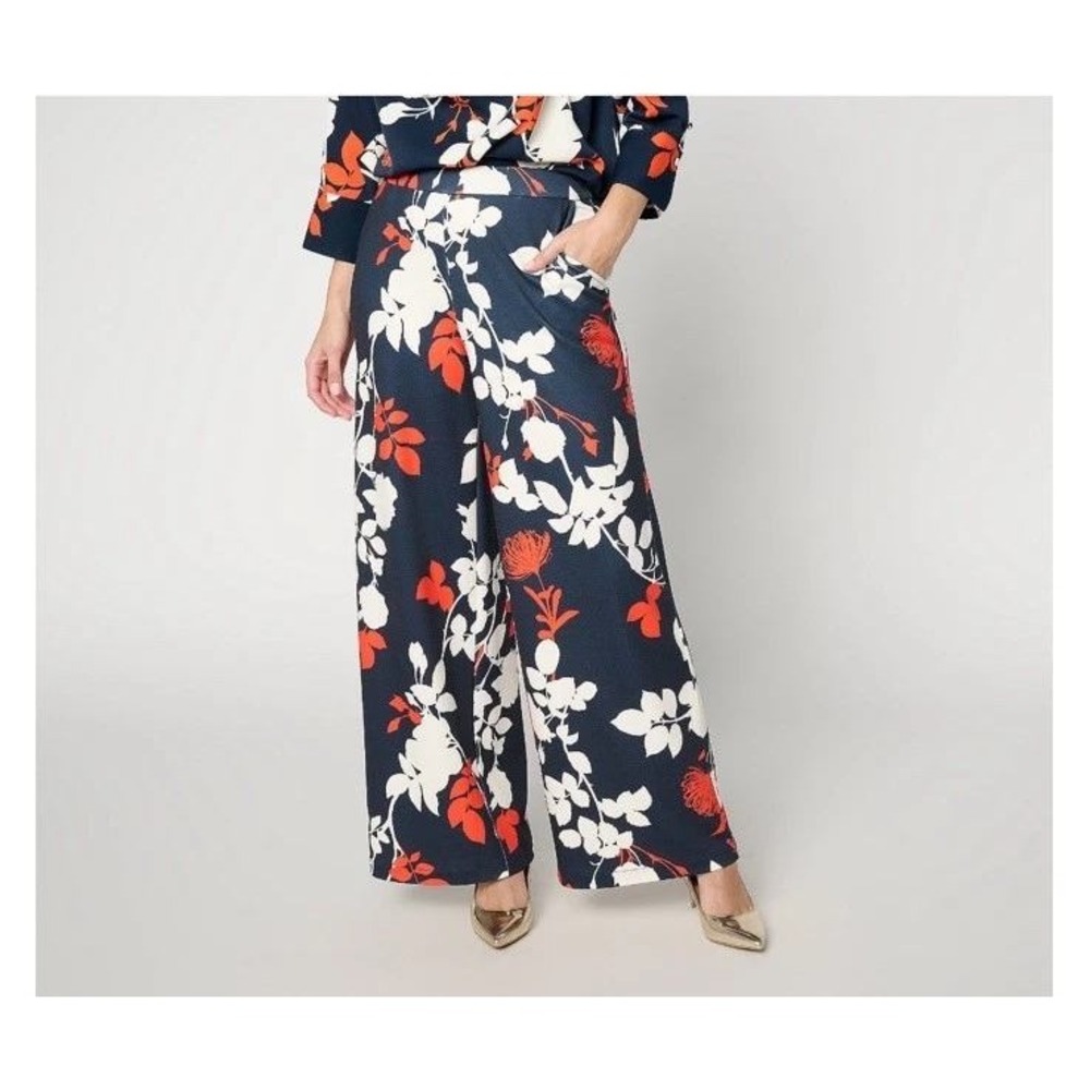 NEW Carla Rockmore Floral Wide Leg Pants 2X 3X READ Navy Orange‎ Pull On Ponte